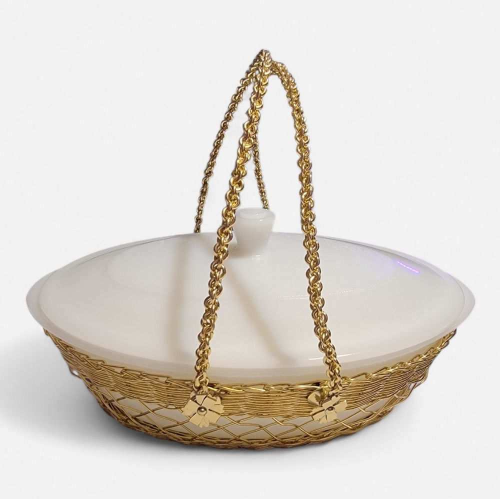 Vintage Glassbake White Milk Glass Casserole Dish with a Lid and Gold Carrier